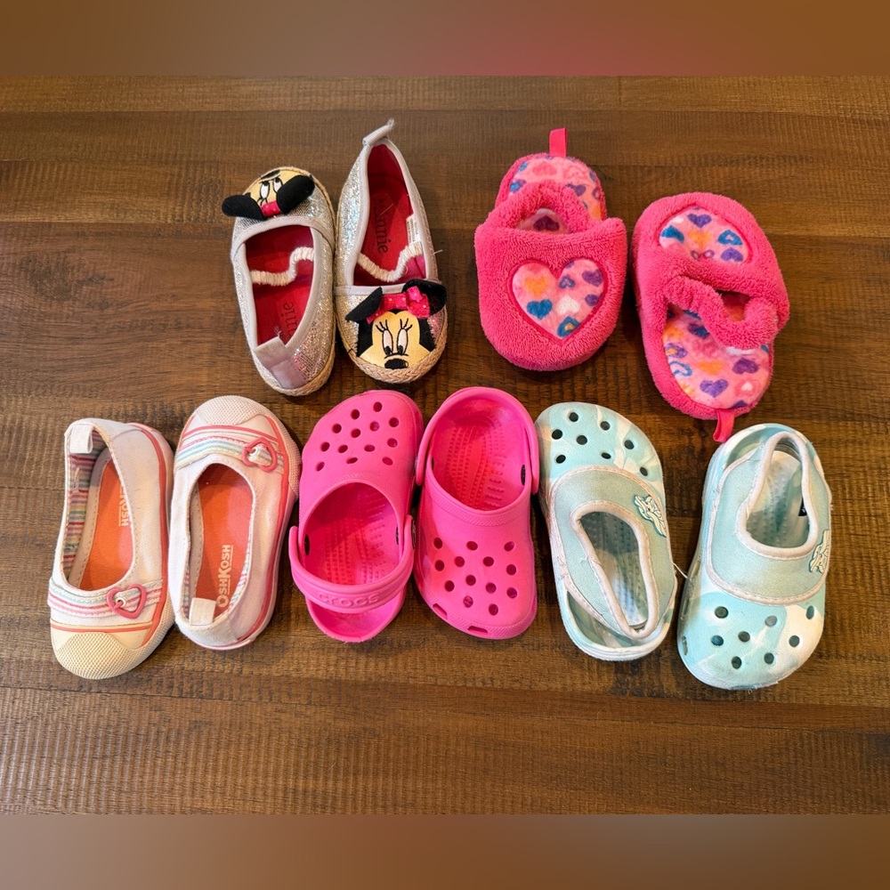 Assorted Kids Shoe Lot — Pink Heart Slippers, Pink Clogs & Pastel Slip-Ons